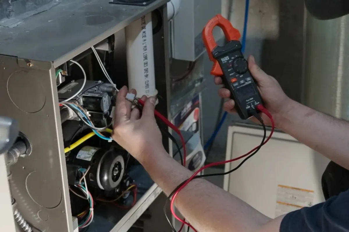 Technician testing a furnace's wiring with a clamp meter